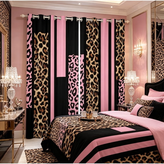 Feelyou Pink Cheetah Print Black Out Curtains for Women, Fashion Abstract Ombre Curtains Pack of 2 (42x63 Each), Leopard Wildlife Bedroom Curtains, Living Room Curtains Decor