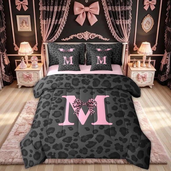 Feelyou Pink Cheetah Print Bow M Initial Twin Bedding for Women Girls, Chic Animal Print Bedding Comforter Set, Pink Reversible, 7-Piece