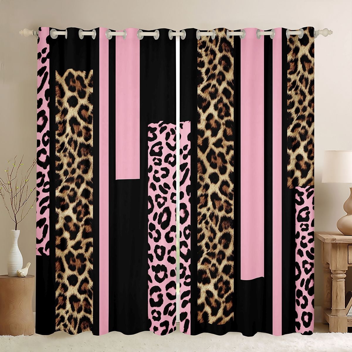 Feelyou Pink Cheetah Print Curtains Pack of 2 (42x84 Each) for Women, Fashion Abstract Ombre Curtains Blackout, Leopard Wildlife Bedroom Curtains, Living Room Curtains Decor