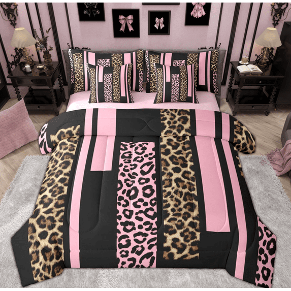 Feelyou Pink Cheetah Print Twin Bedding Sets 7-Piece for Women, Fashion Abstract Ombre Bedding Comforter Set, Leopard Wildlife Reversible Sheet Sets, Luxury Bedroom Decor