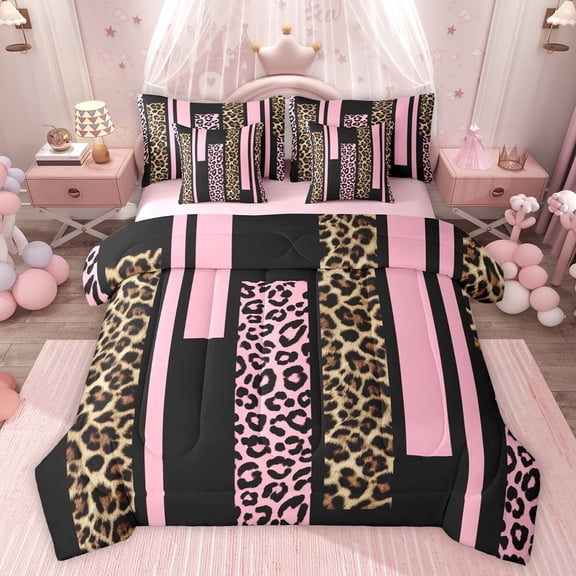 Feelyou Pink Cheetah Print Twin Bedding Sets 7-Piece for Women, Fashion Abstract Ombre Bedding Comforter Set, Leopard Wildlife Reversible Sheet Sets, Luxury Bedroom Decor