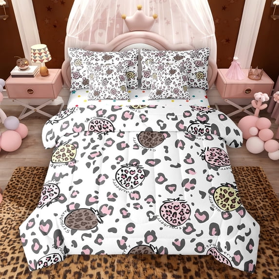 Feelyou Pink Cheetah Print Twin Bedding Sets 7pcs, Strawberry Bedding Comforter Set