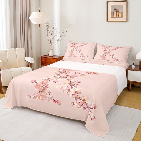 Feelyou Pink Cherry Blossom Letter K Queen Sheet Sets for Girls, Floral Monogram Bed Set, 4pcs