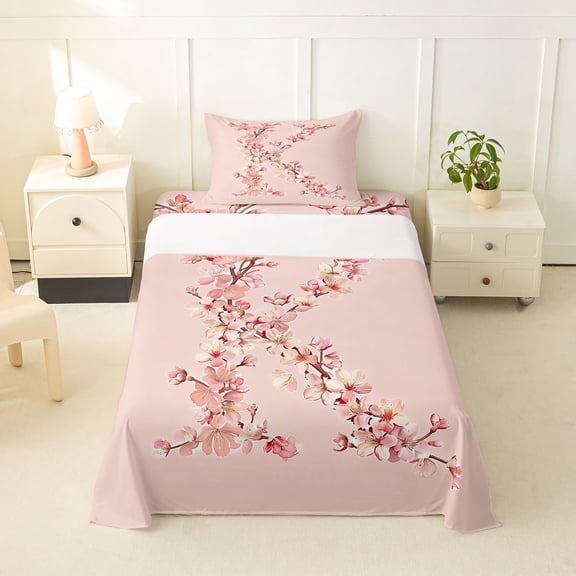 Feelyou Pink Cherry Blossom Letter K Twin Sheet Sets for Girls, Floral Monogram Bedding, 3pcs