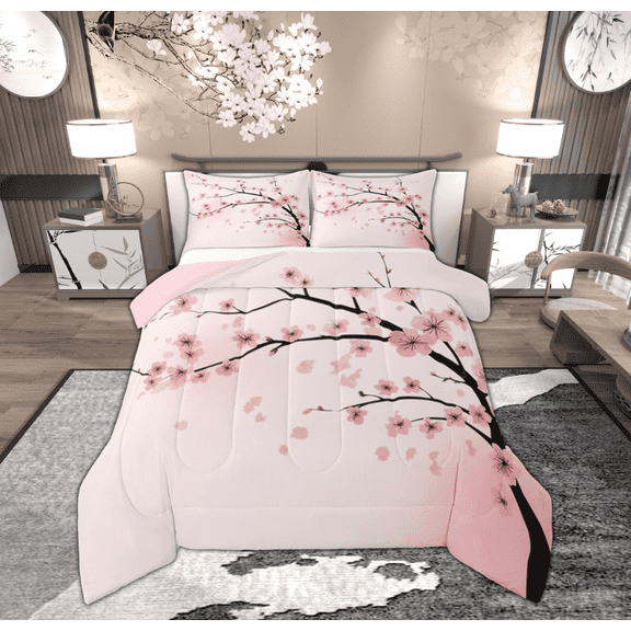 Feelyou Pink Cherry Blossoms Bedding Comforter Set for Girls, Romantic Flower Floral Twin Comforter Sets, Japanese Style Reversible Bedding Set, Luxury Bedroom Decor, 2 Pieces