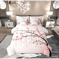 Feelyou Pink Cherry Blossoms Twin Bedding Sets 7-Piece for Girls, Romantic Flower Floral Bedding Comforter Set, Japanese Style Reversible Sheet Sets, Luxury Bedroom Decor