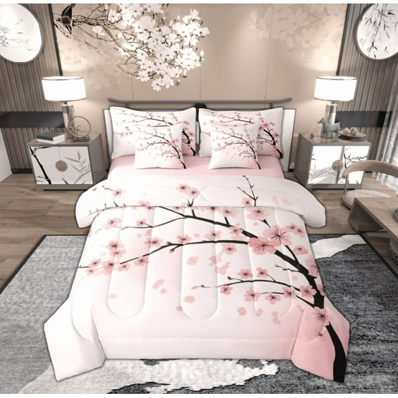 Feelyou Pink Cherry Blossoms Twin Bedding Sets 7-Piece for Girls, Romantic Flower Floral Bedding Comforter Set, Japanese Style Reversible Sheet Sets, Luxury Bedroom Decor