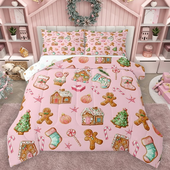 Feelyou Pink Christmas Cartoon Full Size Comforter Sets for Kids, Cute Gingerbread Man Bedding Comforter Set, Magic Xmas Socks Reversible Bedding Sets, Breathable Home Decor, 3pcs