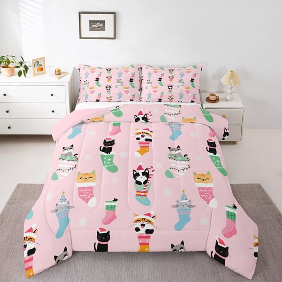 Feelyou Pink Christmas Socks Bedding Comforter Set, Cute Xmas Cat Animal Twin Comforter Sets, Teen Boy Girl Kid Reversible Bedding Set, Luxury Bedroom Decor, 2 Pieces