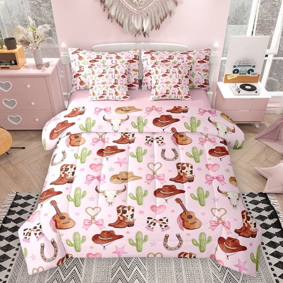 Feelyou Pink Cowgirl Bedding Comforter Set 7pcs, Rustic Guitar Music King Bedding Sets