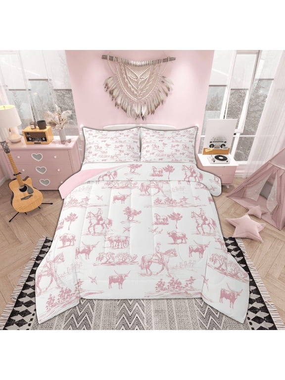 Pink Cowgirl Cowboy 01, Western Cactus Twin Comforter Sets, Farmhouse Horse Reversible Bedding Set, Microfiber Bedroom Decor,2-Piece