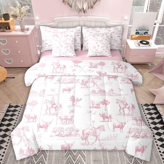 Feelyou Pink Cowgirl Cowboy Bedding Comforter Set 7 Pieces, Western Cactus Full Bedding Set, Farmhouse Horse Reversible Fitted Sheet Flat Sheet, Microfiber Bedroom Decor