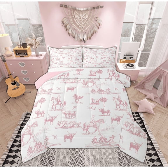 Feelyou Pink Cowgirl Cowboy Full Size Comforter Sets, Western Cactus Bedding Comforter Set, Farmhouse Horse Reversible Bedding Sets, Microfiber Bedroom Decor,3-Piece