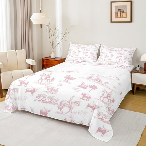 Feelyou Pink Cowgirl Cowboy Queen Sheet Sets, Western Cactus Flat Sheet, Farmhouse Horse Queen Fitted Sheet, Microfiber Bedroom Decor,4-Piece