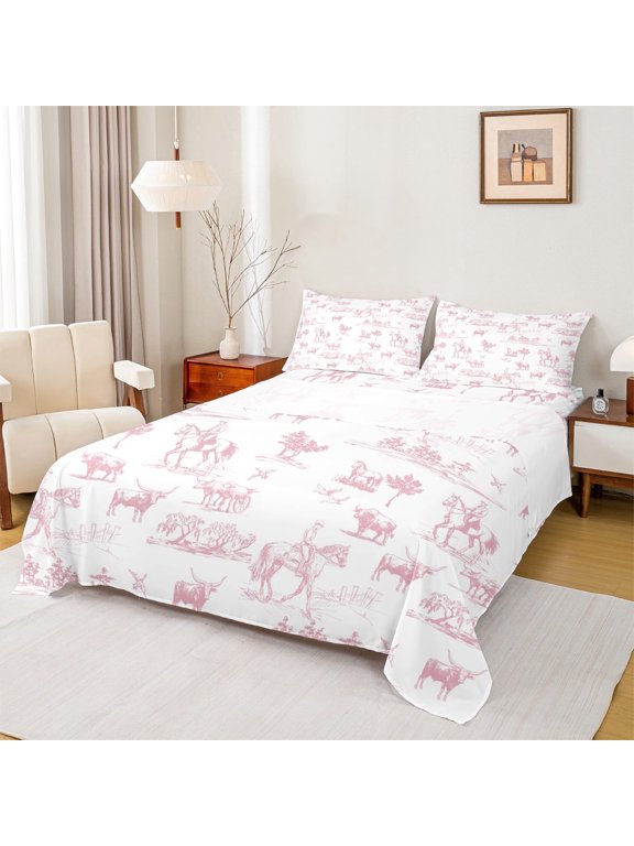 Pink Cowgirl Cowboy Queen Sheet Sets, Western Cactus Flat Sheet, Farmhouse Horse Queen Fitted Sheet, Microfiber Bedroom Decor,4-Piece