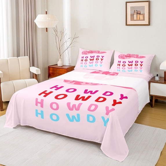 Feelyou Pink Cowgirl Hat Full Size Sheets for Kids, Kawaii Princess Style Bed Sheets, Howdy Theme Sheet Sets, Microfiber Bedroom Decor, 4-Piece