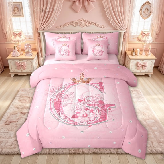 Feelyou Pink Crown Letter G Bedding Comforter Set for Girls, Princess Flower Monogram King Bedding Sets, Pink Reversible, 7pcs