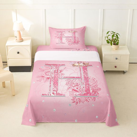 Feelyou Pink Crown Letter H Twin Sheet Sets for Girls, Princess Flower Monogram Bedding, 3-Piece