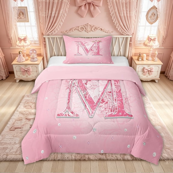 Feelyou Pink Crown Letter M Twin Comforter Sets for Girls, Princess Flower Monogram Bedding Set, Pink Reversible, 2pcs