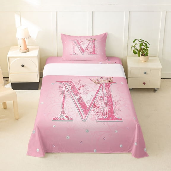 Feelyou Pink Crown Letter M Twin Sheet Sets for Girls, Princess Flower Monogram Bedding, 3pcs