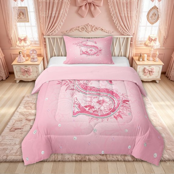 Feelyou Pink Crown Letter S Print Twin Comforter Sets for Girls, Princess Flower Monogram Bedding Set, Pink Reversible, 2pcs
