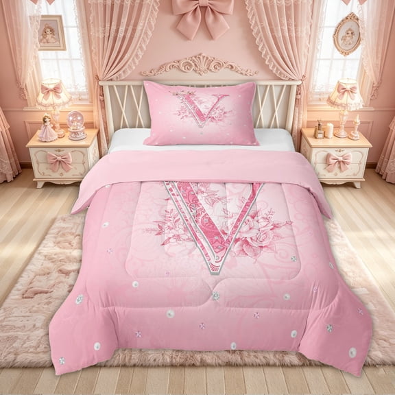Feelyou Pink Crown Letter V Print Twin Comforter Sets for Girls, Princess Flower Monogram Bedding Set, Pink Reversible, 2pcs