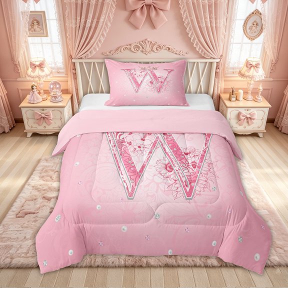 Feelyou Pink Crown Letter W Print Twin Comforter Sets for Girls, Princess Flower Monogram Bedding Set, Pink Reversible, 2-Piece