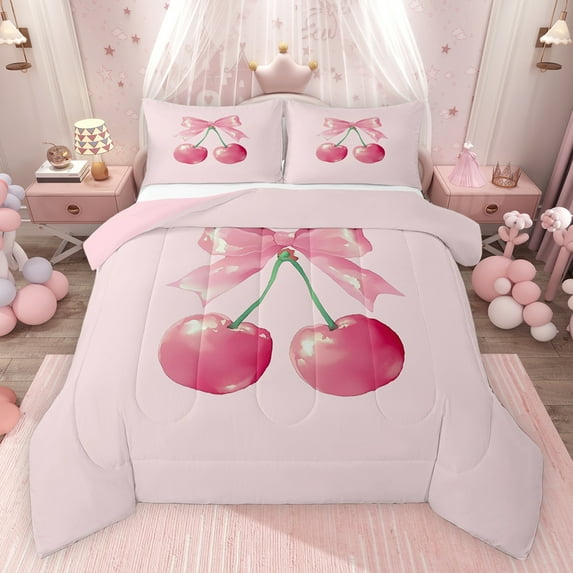 Feelyou Pink Cute Cherry Bedding Comforter Set, Dreamy Cartoon Bowknot Bow Twin Comforter Sets, Teens Kids Boys Girls Reversible Bedding Set, Lightweight Room Decor, 2pcs