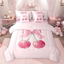 Feelyou Pink Cute Cherry Twin Bedding Sets 7-Piece, Dreamy Cartoon Bowknot Bow Bedding Comforter Set, Teens Kids Boys Girls Reversible Sheet Sets, Lightweight Room Decor