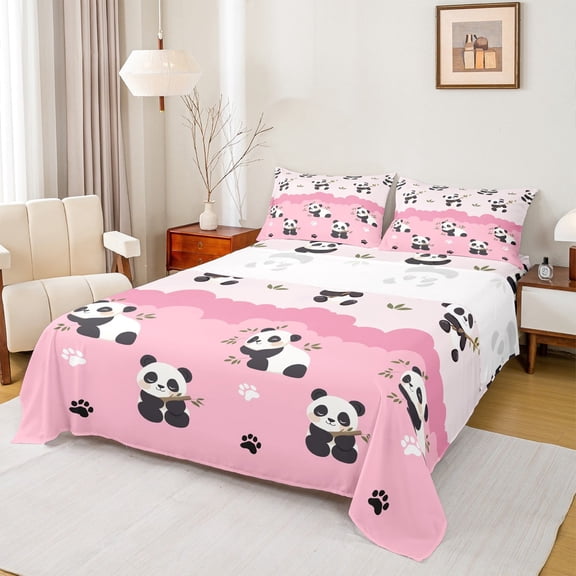 Feelyou Pink Cute Panda Bed Sheets for Kid, Kawaii Cartoon Animal King Sheets, Princess Style Sheet Set, Breathable Home Decor, 4 Pieces