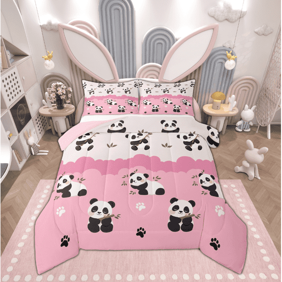 Feelyou Pink Cute Panda Bedding Comforter Set for Kid, Kawaii Cartoon Animal Twin Comforter Sets, Princess Style Reversible Bedding Set, Breathable Home Decor, 2 Pieces