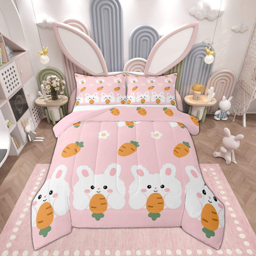 Pink Rabbit Comfy Feelyou Pink Cute Rabbit Full Size Comforter Sets for Kid, Carrot ...