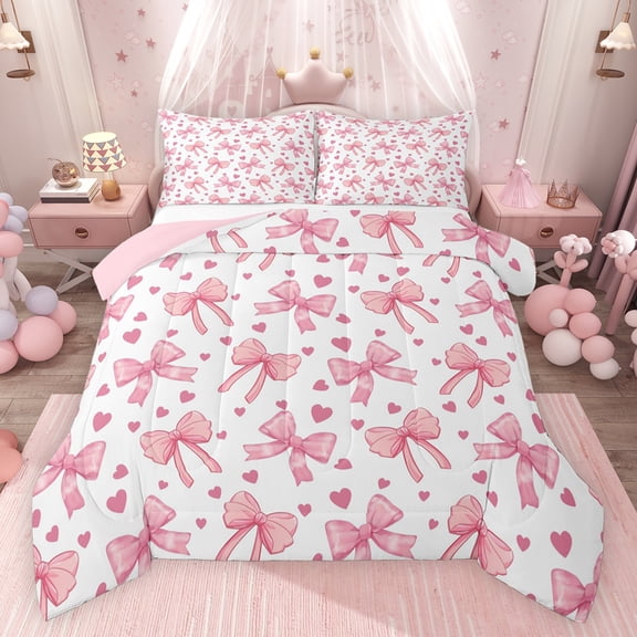 Feelyou Pink Cute Ribbon Bedding Comforter Set for Teen, Dreamy Cartoon Bowknot Bow Twin Comforter Sets, Kawaii Love Heart Reversible Bedding Set, Lightweight Room Decor, 2pcs