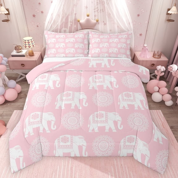 Feelyou Pink Damask Flower Queen Comforter Set, Western Elephant Animal Bedding Sets, Bohemian Style Reversible Bedding Comforter Set, Microfiber Bedroom Decor, 3pcs