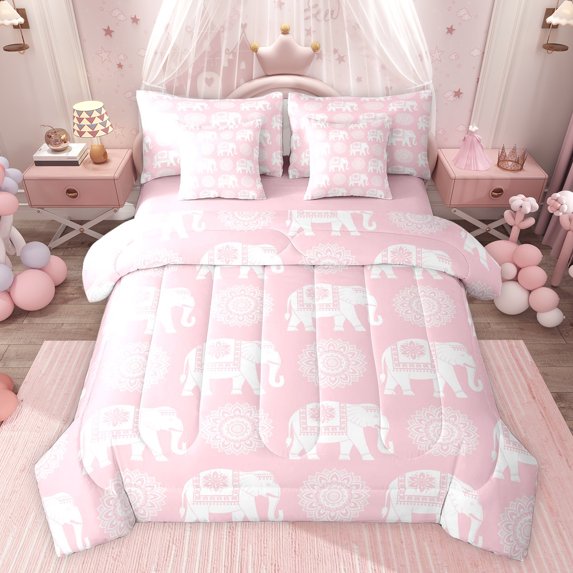 Feelyou Pink Damask Flower Twin Bedding Sets 7-Piece, Western Elephant Animal Bedding Comforter Set, Bohemian Style Reversible Sheet Sets, Microfiber Bedroom Decor