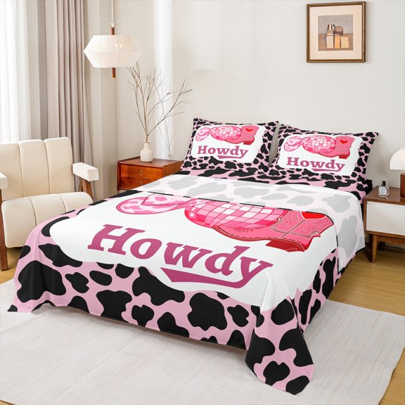 Feelyou Pink Disco Ball Queen Sheet Sets for Girls, Hippie Cowgirl Cowboy Flat Sheet, Leopard Cheetah Print Queen Fitted Sheet, Luxury Bedroom Decor, 4 Pieces