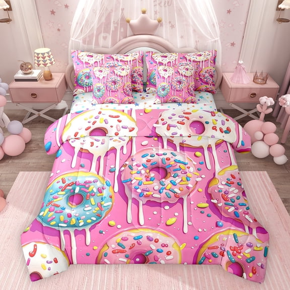 Feelyou Pink Donut Bedding Comforter Set 7pcs, Cartoon Dessert Party Queen Bedding Sets