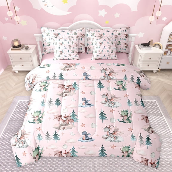 Feelyou Pink Dragon Animal Bedding Comforter Set 7pcs, Dreamy Stars Cloud King Bedding Sets, Teens Kids Boys Girls Reversible Bed Sheets, Lightweight Room Decor