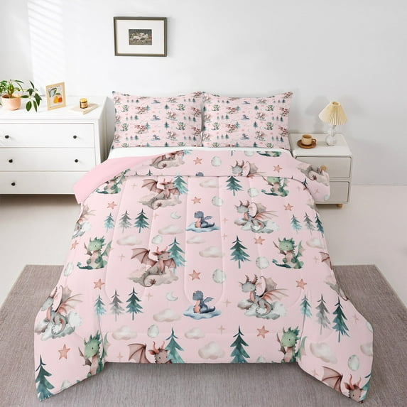 Feelyou Pink Dragon Animal Full Size Comforter Sets, Dreamy Stars Cloud Bedding Comforter Set, Teens Kids Boys Girls Reversible Bedding Sets, Lightweight Room Decor, 3-Piece