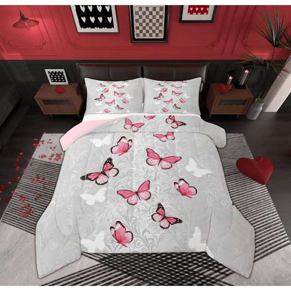 Feelyou Pink Dreamy Butterfly Bedding Comforter Set, Romantic Animal Print Twin Comforter Sets, Teen Kid Adult Reversible Bedding Set, Microfiber Bedroom Decor, 2 Pieces