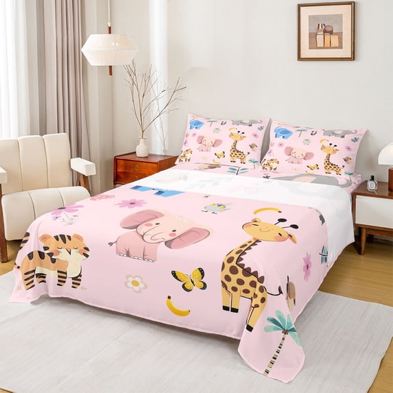 Feelyou Pink Elephant Animal Bed Sheets, Giraffe Tiger Teen King Sheets, 4-Piece
