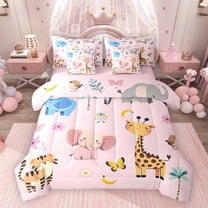 Feelyou Pink Elephant Animal Twin Bedding Sets 7pcs, Giraffe Tiger Bedding Comforter Set