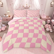Feelyou Pink Fashion Check Bedding Comforter Set, Cartoon Pixelate Miner Twin Comforter Sets, Modern Plaid Buffalo Reversible Bedding Set, Breathable Home Decor, 2 Pieces