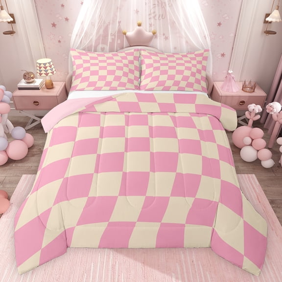 Feelyou Pink Fashion Check Queen Comforter Set, Cartoon Pixelate Miner Bedding Sets, Modern Plaid Buffalo Reversible Bedding Comforter Set, Breathable Home Decor, 3 Pieces