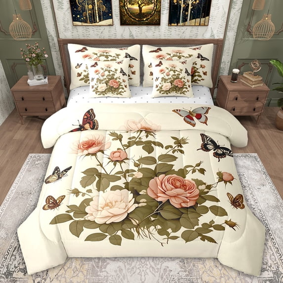 Feelyou Pink Floral Flower Twin Bedding Sets 7-Piece for Women, Rustic Butterfly Animal Bedding Comforter Set, Vintage Fashion Style Reversible Sheet Sets, Microfiber Bedroom Decor