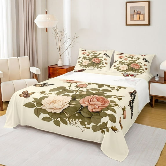 Feelyou Pink Floral Flower Twin Sheet Sets for Women, Rustic Butterfly Animal Twin Fitted Sheet, Vintage Fashion Style Flat Sheet, Microfiber Bedroom Decor, 3 Pieces