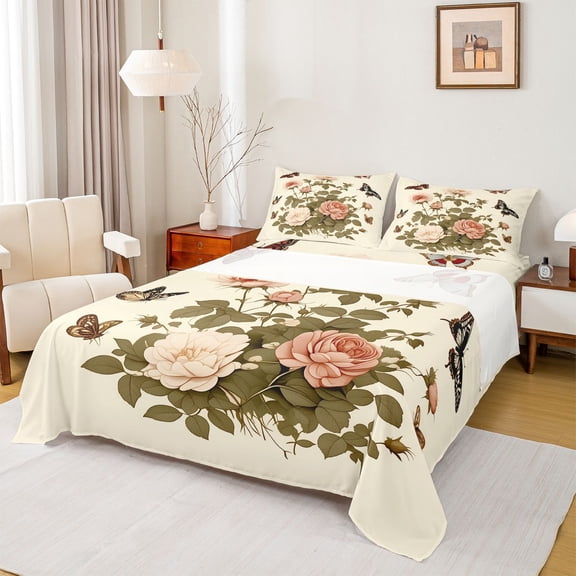 Feelyou Pink Floral Flower Twin Sheet Sets for Women, Rustic Butterfly Animal Twin Fitted Sheet, Vintage Fashion Style Flat Sheet, Microfiber Bedroom Decor, 3 Pieces