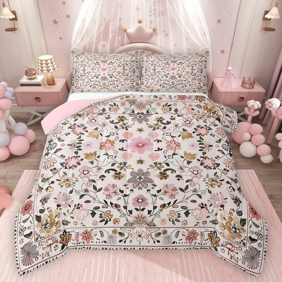 Feelyou Pink Flower Women Bedding Comforter Set, Vintage Boho Floral Twin Comforter Sets, Mandala Cherry Blossoms Reversible Bedding Set, Ultra Soft Bedroom Decor, 2 Pieces