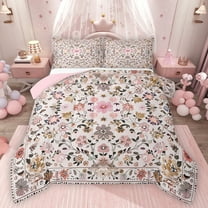 Feelyou Pink Flower Women Bedding Comforter Set, Vintage Boho Floral Twin Comforter Sets, Mandala Cherry Blossoms Reversible Bedding Set, Ultra Soft Bedroom Decor, 2 Pieces