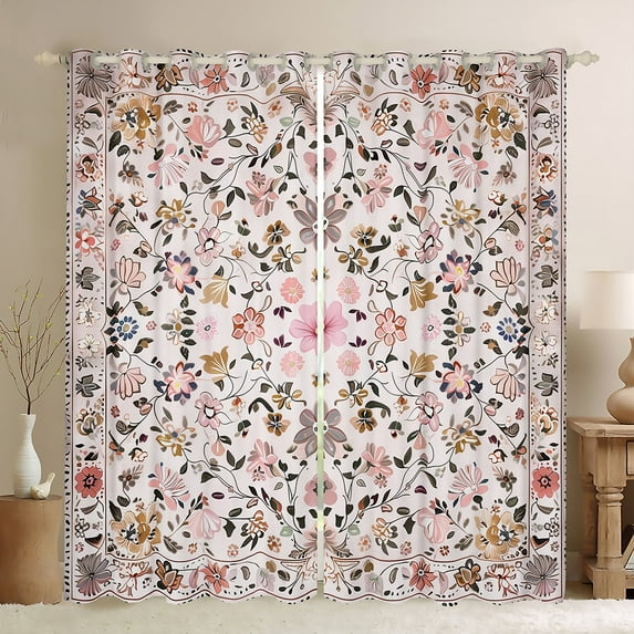 Feelyou Pink Flower Women Black Out Curtains, Vintage Boho Floral Curtains Pack of 2 (42x63 Each), Mandala Cherry Blossoms Bedroom Curtains, Black Out Curtains Decor